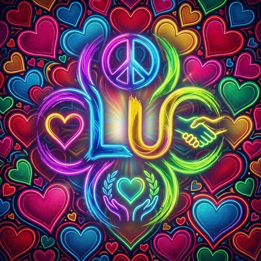 The word PLUR in neon colors with Peace, Love, Unity, Respect text below and many multicolored hearts in the background.