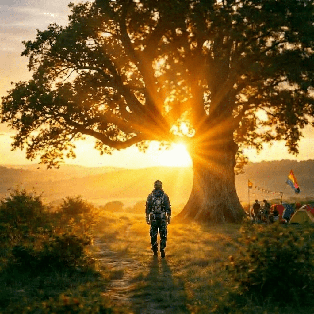 Woman in coat and beanie standing in nature with eyes closed at sunrise